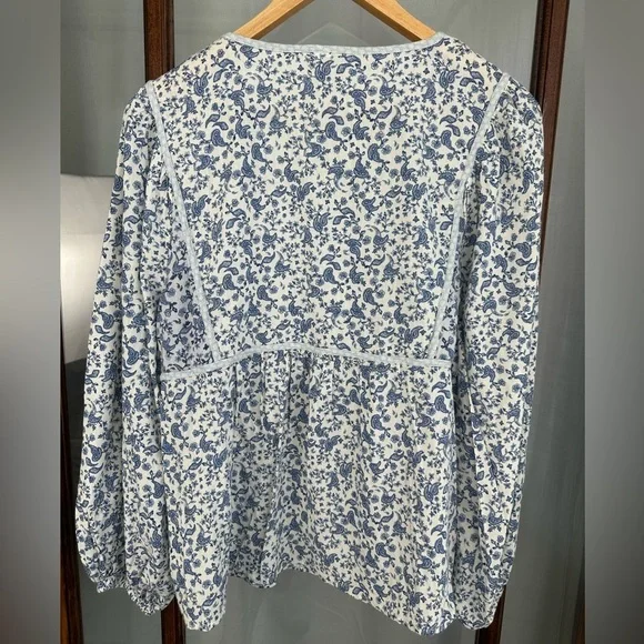 OLD NAVY Top Womens L Peasant Floral Blouse Button Up Balloon Sleeve Blue White - Picture 3 of 7